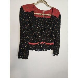 Free People Long Sleeve Black Cardigan Lotus Flower, Size S, Witchy, Jewel Toned